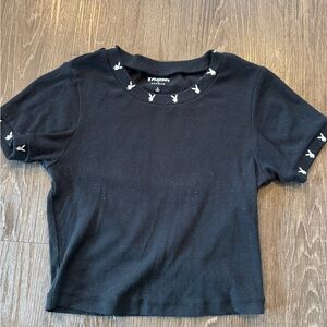PLAYBOY Black Crop Tee with White Bunny Trim